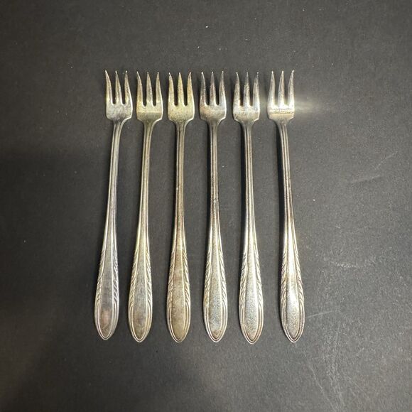 VTG National Silver Co 6pc Viceroy FLAME Cocktail Forks 6" Silverplate 1938 - Picture 2 of 5